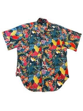 Vintage Ralph Lauren Mens Medium Tropical Floral Bird Print Shirt Made in USA